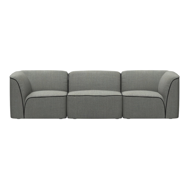 Gray sofa with smooth fabric and contrasting dark trim, featuring a minimalist, modern design.