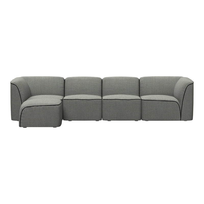 Modern sectional sofa in textured gray fabric with clean lines and contrasting black piping accents.