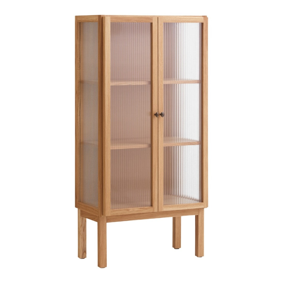 Light wood cabinet with transparent glass doors and clean, minimalist lines for a modern touch.