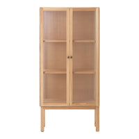 Natural wood cabinet with a light finish and ribbed glass doors, showcasing a minimalist, contemporary design.