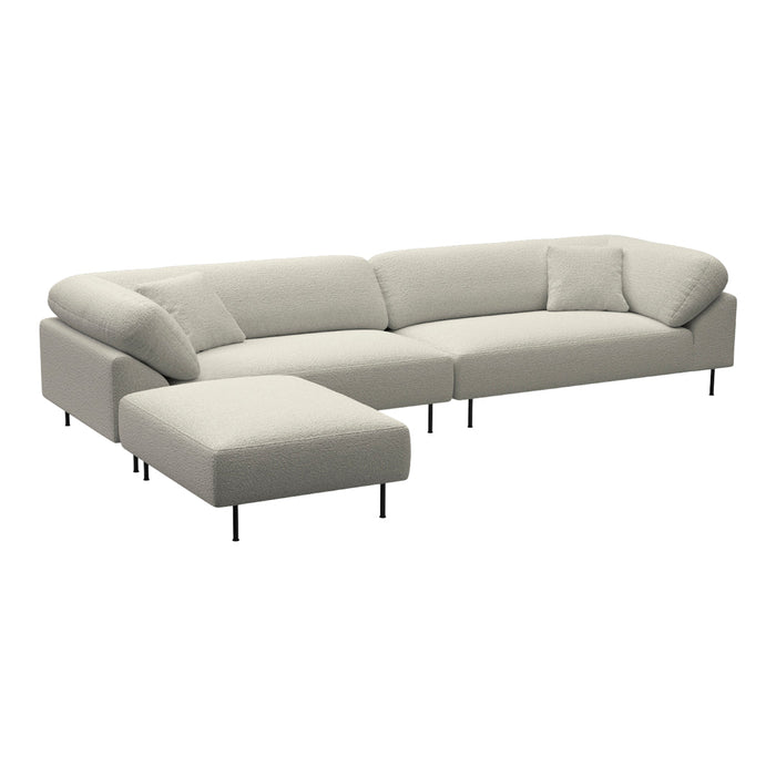 Light gray sectional sofa with clean lines and smooth fabric, featuring a minimalist design.