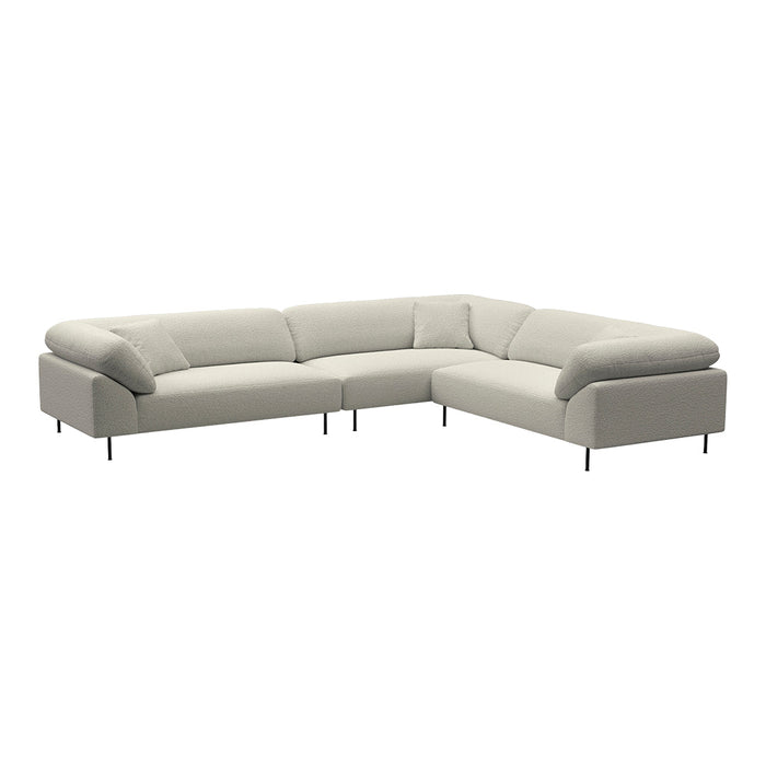 Light gray sectional sofa with a modern design, featuring smooth fabric and minimalist style without patterns.