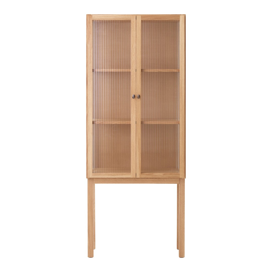 Light wood display cabinet with a natural finish and elegant vertical pattern on glass doors.