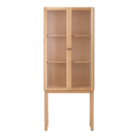 Light wood display cabinet with a natural finish and elegant vertical pattern on glass doors.