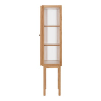 Light oak finish cabinet with glass shelves and a minimalist design, showcasing natural wood grain patterns.
