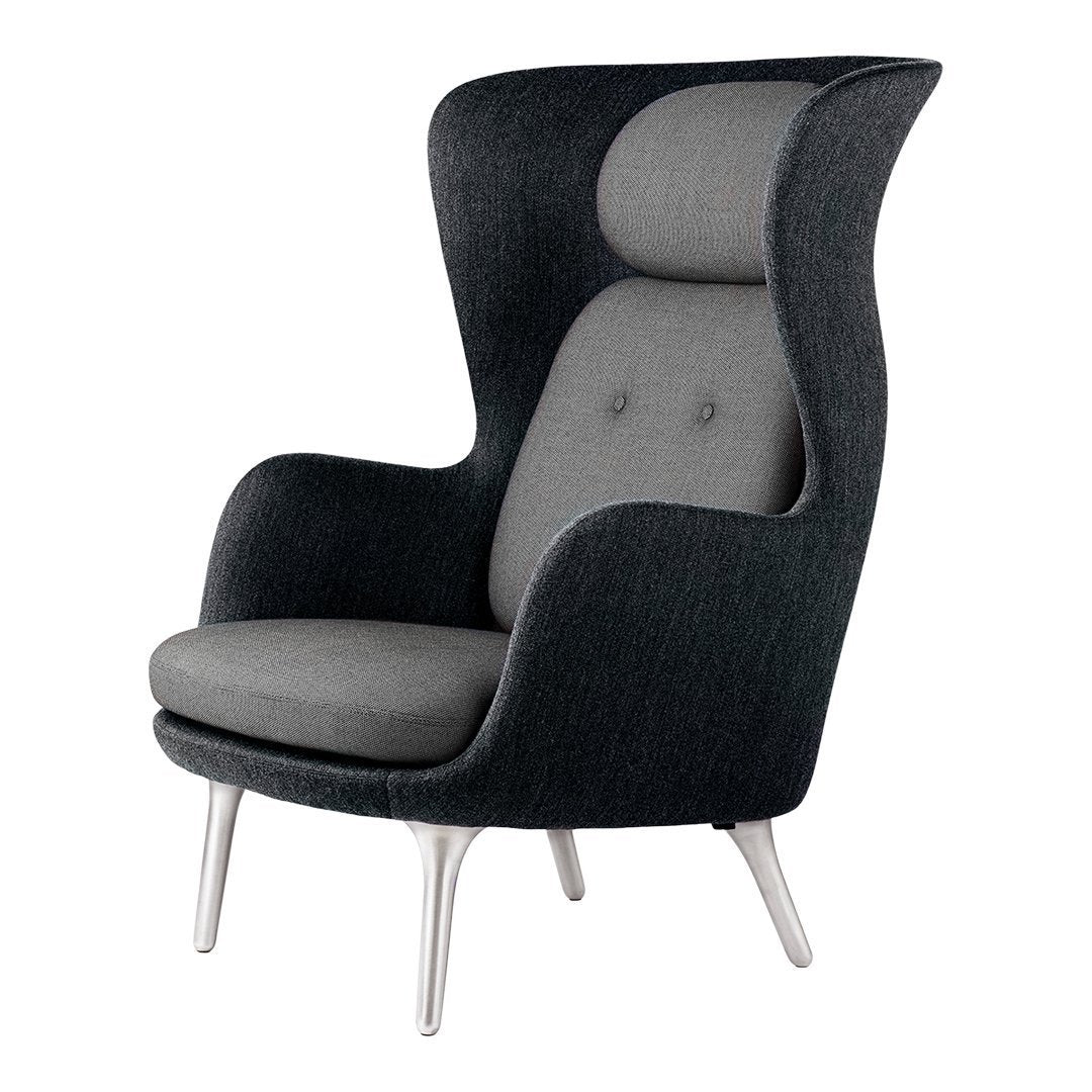 Stylish armchair in dark gray and light gray tones, featuring a smooth fabric texture and sleek, contemporary design.