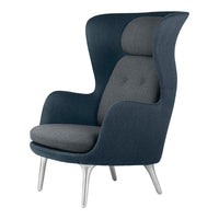 Navy and gray upholstered high-back chair with a sleek design and light wooden legs, perfect for modern interiors.