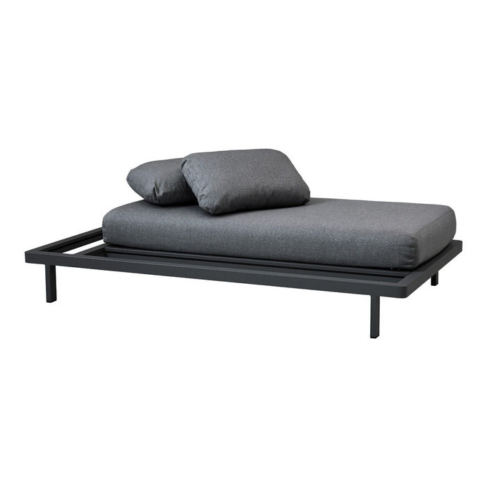 Modern black bed frame with sleek gray cushions, featuring minimalistic design and smooth fabric texture.