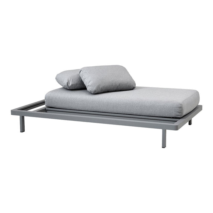 Light grey bed frame with matching cushions, featuring a sleek, minimalist design and modern aesthetic.