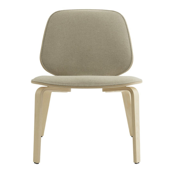 Beige upholstered chair with a smooth, minimalist design and light wooden legs. Perfect for modern decor.
