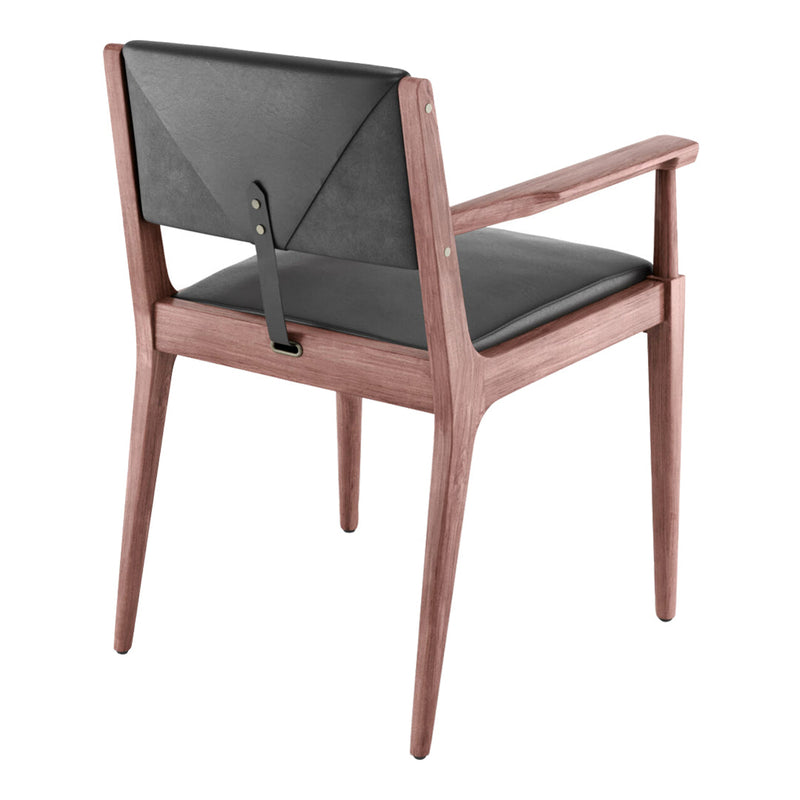 Modern wooden chair with a sleek walnut finish and black leather upholstery. Minimalist design with geometric patterns.