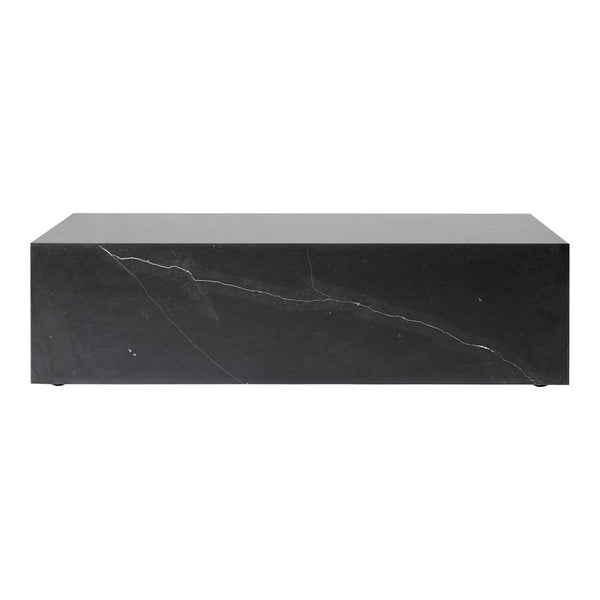 Black marble coffee table with striking white veining and a polished finish, creating a modern, elegant look.