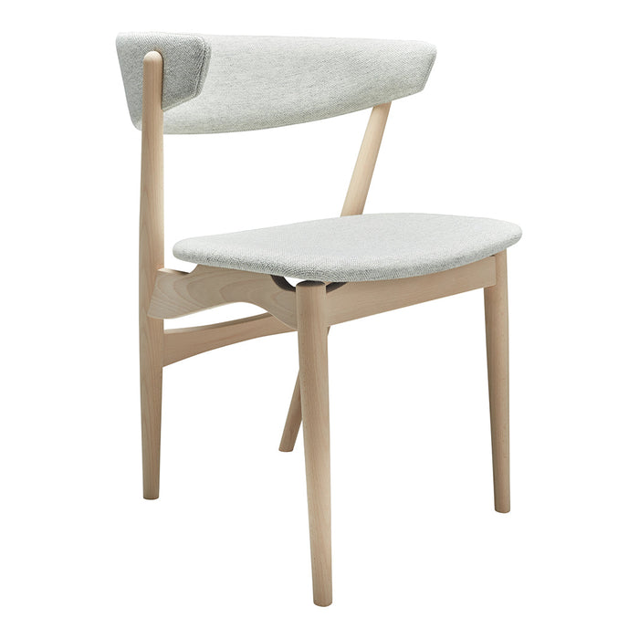 Minimalist chair with light gray upholstery and natural wood legs, showcasing clean lines and modern design.