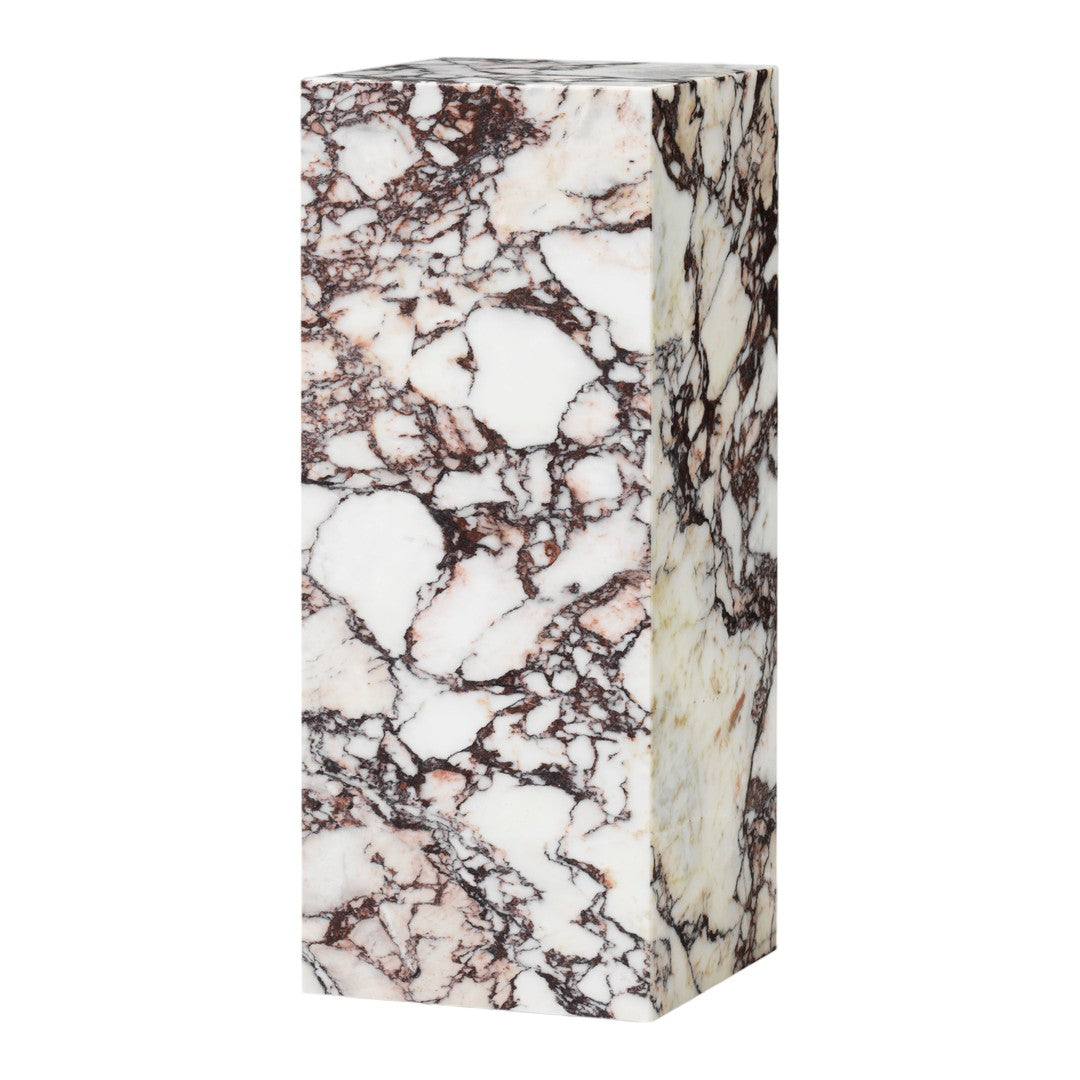"Marble block with white, cream, and rich brown veining patterns, offering a stylish and elegant accent."