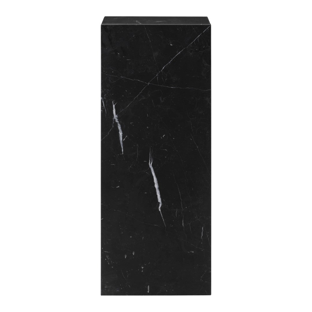 Black marble pedestal with subtle white veining and a polished finish. Elegant and modern design for any decor.