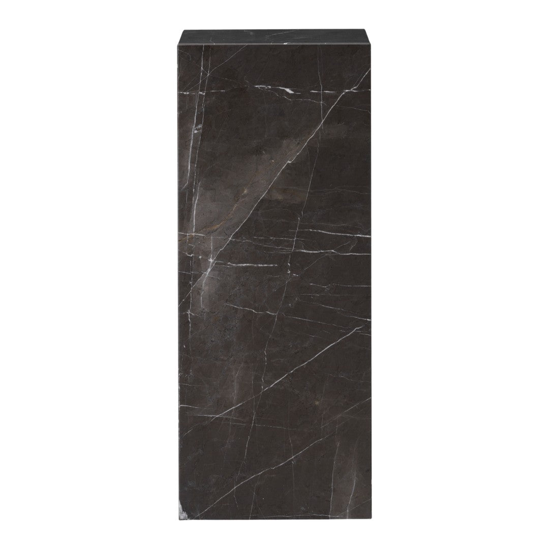 Sleek black marble pedestal with striking white veining pattern, perfect for elegant home decor.