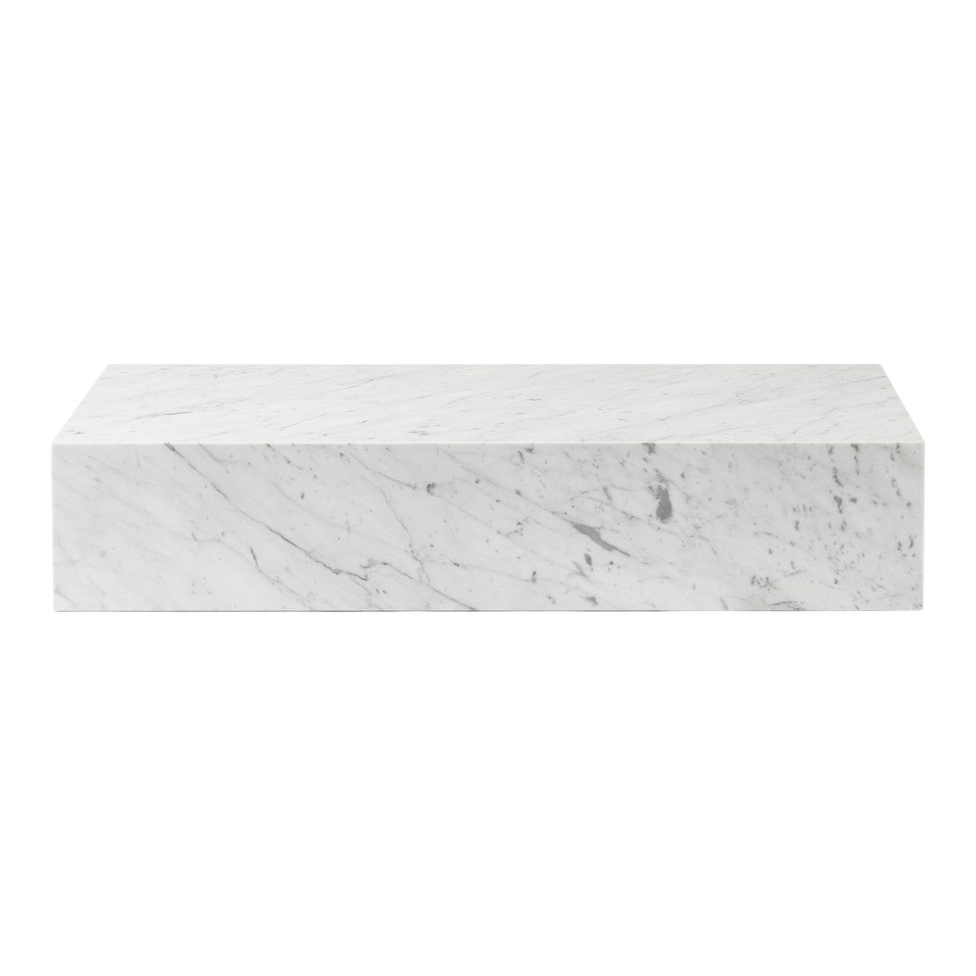 White marble coffee table with subtle gray veining, featuring a sleek and modern rectangular design.
