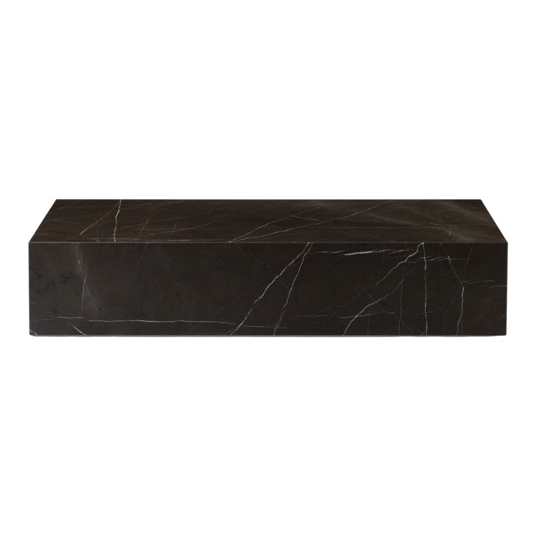Black marble tabletop with striking white veining, featuring a sleek, modern design perfect for contemporary decor.
