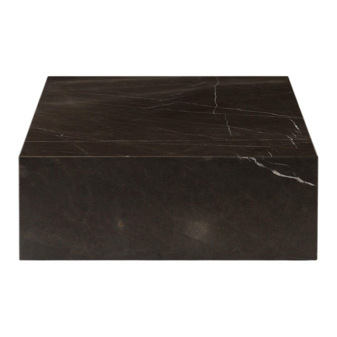 Black marble coffee table featuring subtle white veining and a polished surface finish. Elegant and modern design.