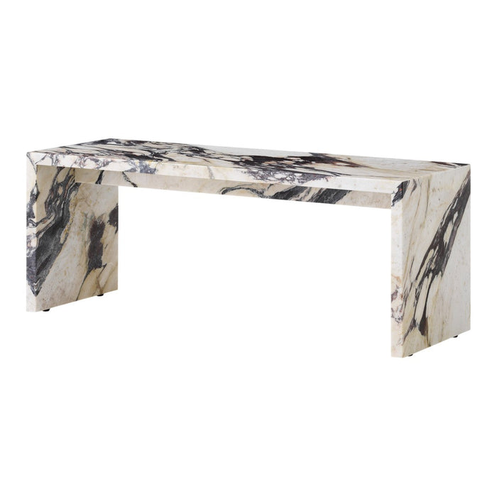 Marble-effect console table in cream, beige, and dark gray with striking natural veining patterns.