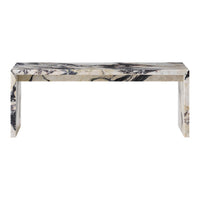 Rectangular table featuring a marbled pattern in beige, gray, and black tones, adding a modern touch to any decor.