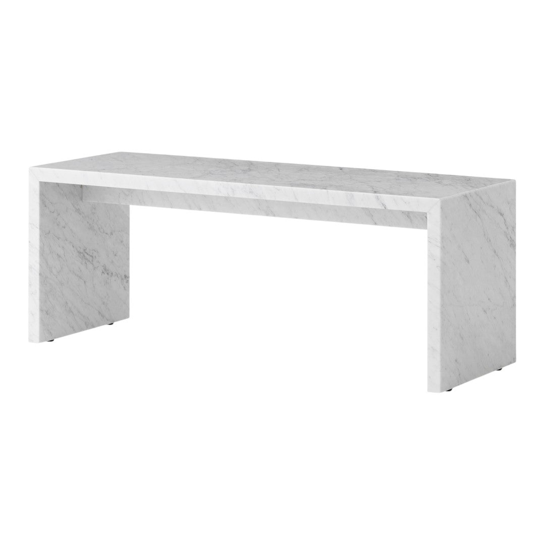 White marble bench featuring subtle grey veining and a sleek, modern design. Ideal for contemporary spaces.