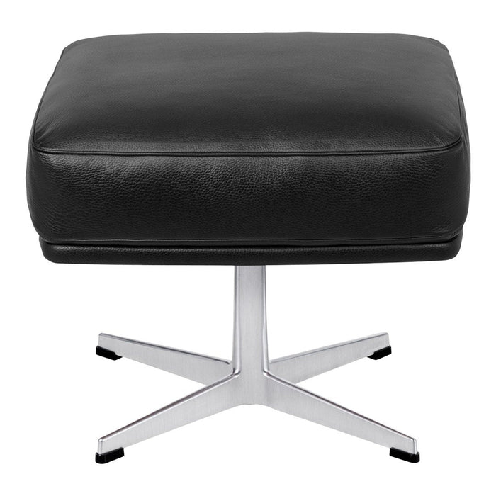 Black leather ottoman with a sleek chrome base, featuring a minimalist square design. Perfect for modern decor.