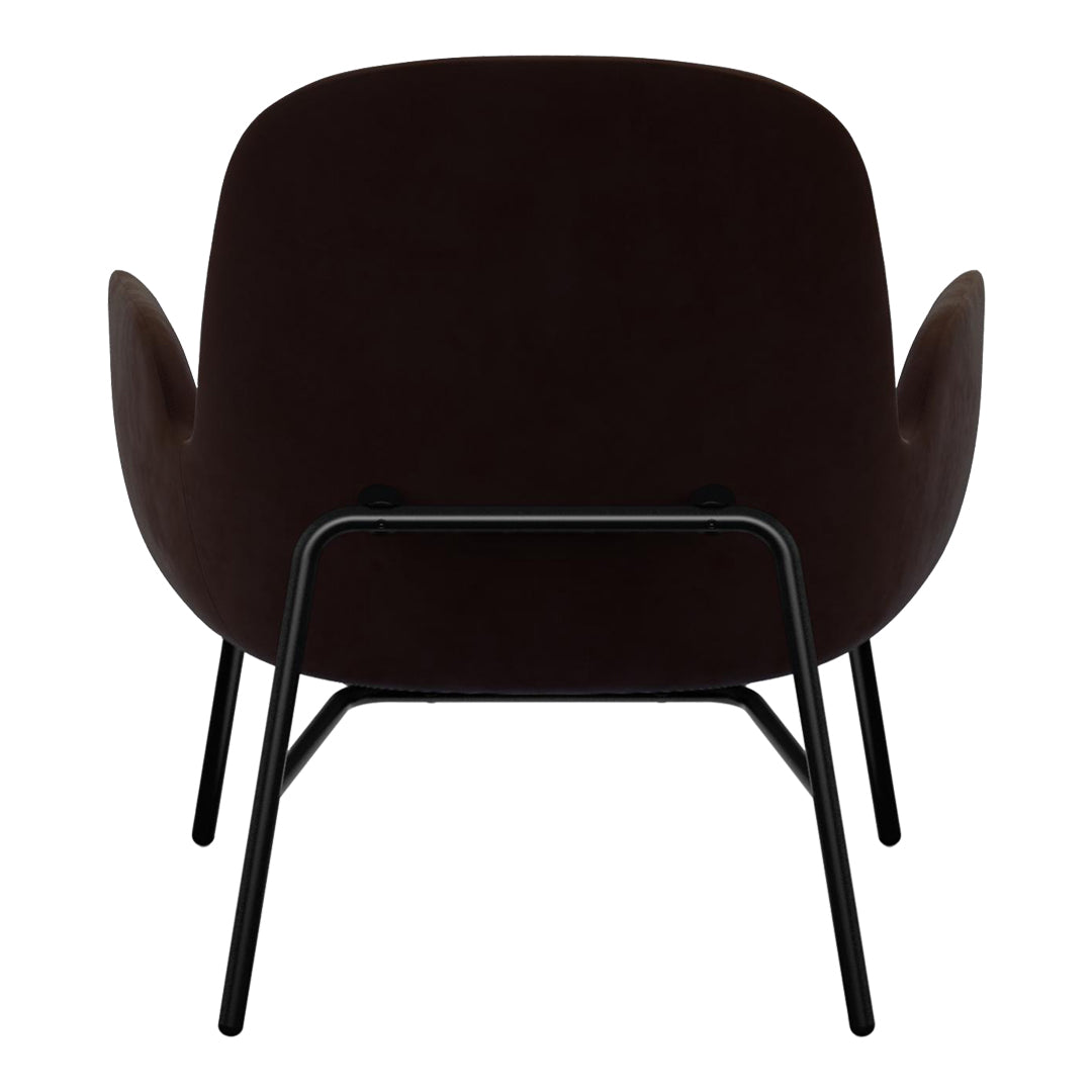 Back view of a sleek, dark brown upholstered chair with minimalist black metal legs. Modern and elegant design.