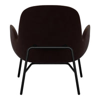 Back view of a sleek, dark brown upholstered chair with minimalist black metal legs. Modern and elegant design.