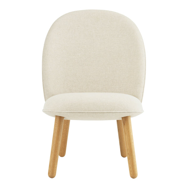 Beige upholstered chair with a minimalist design and natural wood legs, featuring a smooth, soft fabric texture.