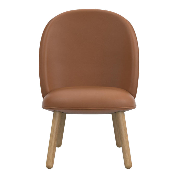 Brown leather chair with smooth finish and natural wood legs, featuring a minimalist design.
