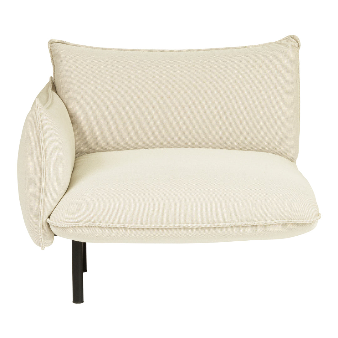 Cream-colored modern chair with a textured fabric and a minimalist design, featuring a unique half-round cushion.