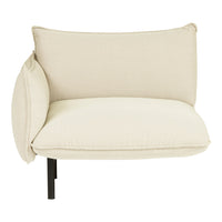 Cream-colored modern chair with a textured fabric and a minimalist design, featuring a unique half-round cushion.