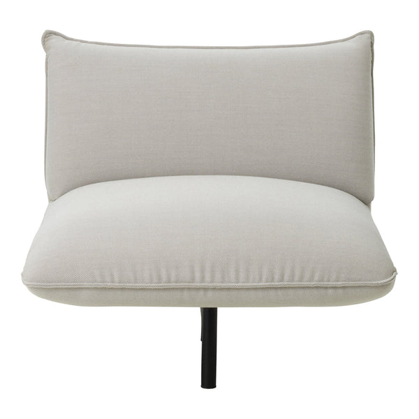 Light grey upholstered chair with a smooth texture and minimalist design, featuring a simple black metal base.