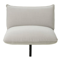 Light grey upholstered chair with a smooth texture and minimalist design, featuring a simple black metal base.
