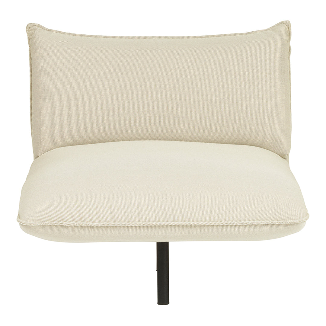 Beige upholstered chair with a smooth texture and subtle pattern, featuring a minimalist design and black metal base.