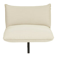 Beige upholstered chair with a smooth texture and subtle pattern, featuring a minimalist design and black metal base.