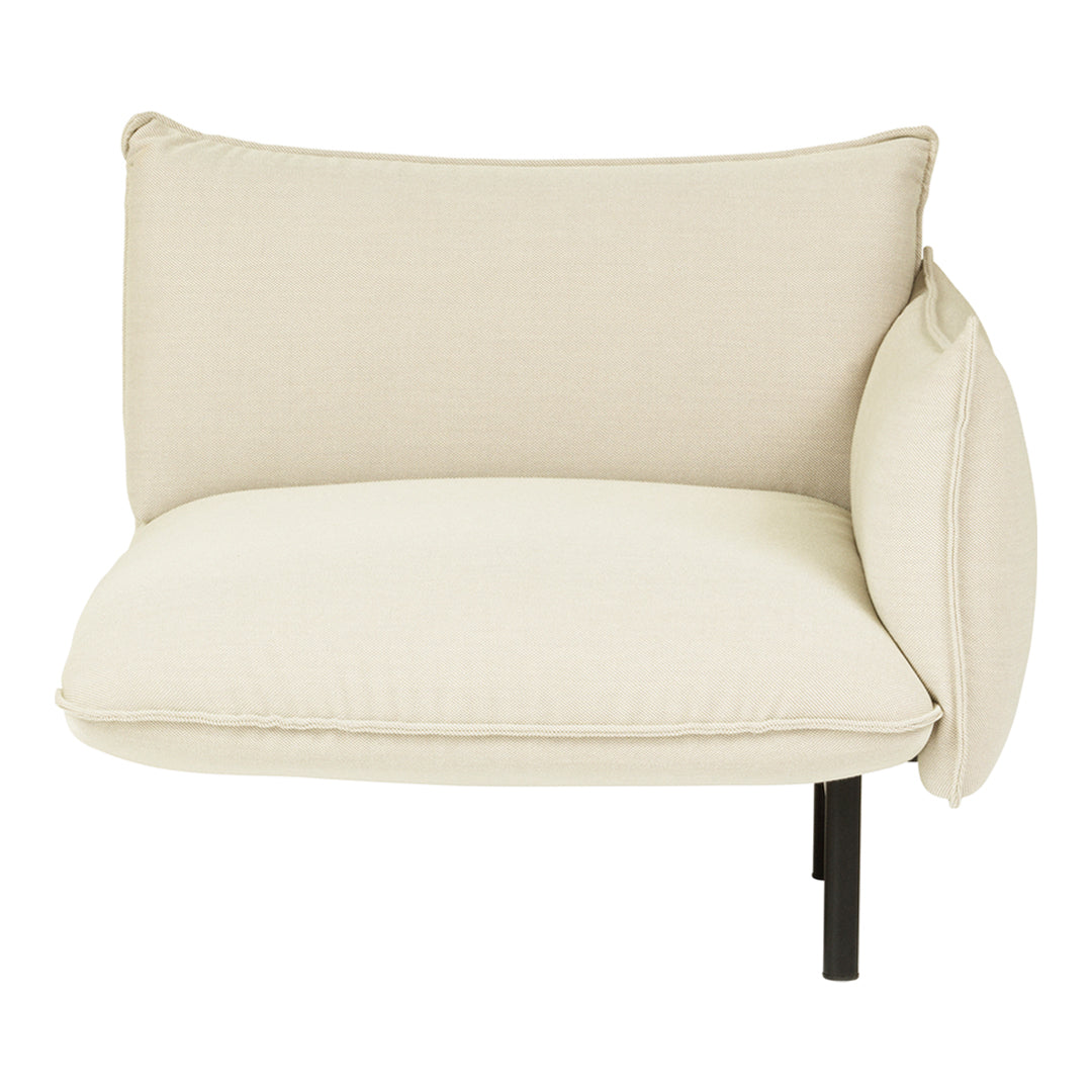 Beige upholstered chair with a textured finish and a minimalist black metal base. Ideal for modern decor.