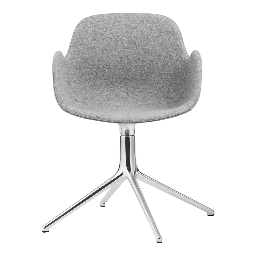Modern gray upholstered chair with a sleek chrome base and minimalist design. Perfect for contemporary spaces.