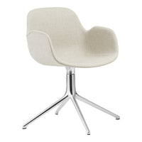 Cream upholstered chair with a smooth finish and sleek chrome base, featuring a minimalist design and soft, neutral hues.