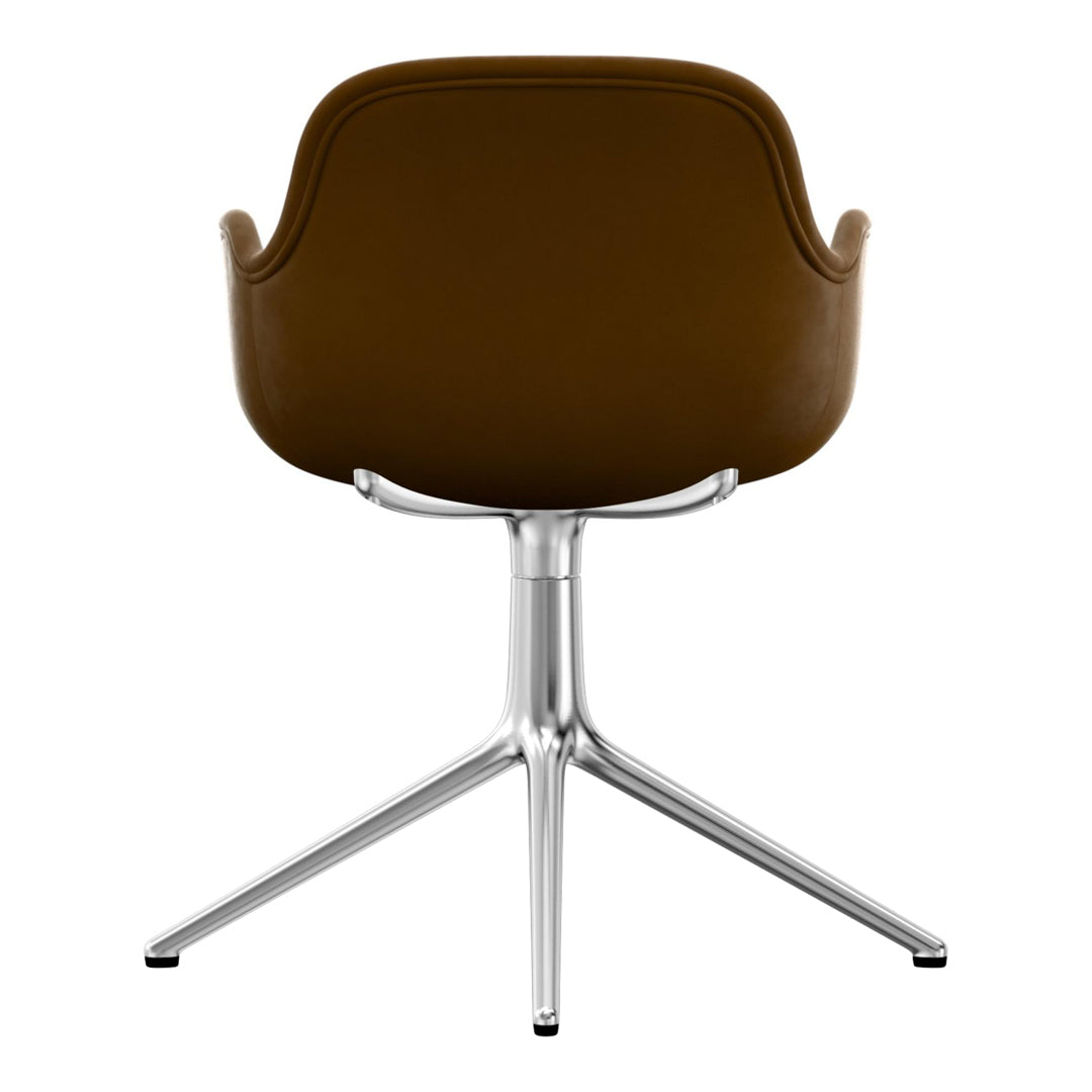 Brown upholstered chair with a sleek chrome base, featuring smooth, modern lines. Ideal for contemporary decor.