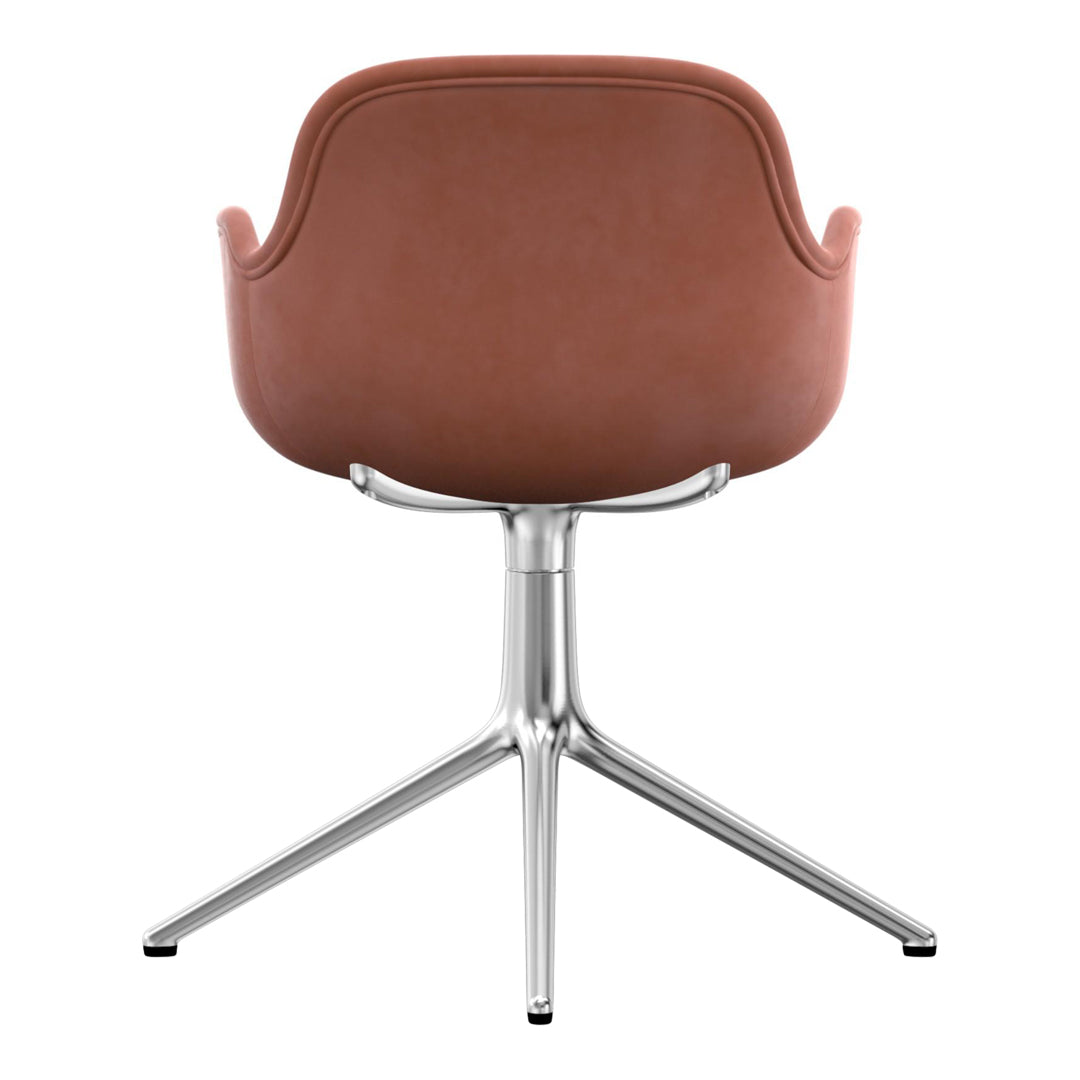Back view of a stylish chair featuring a warm brown upholstery and sleek chrome base. Modern and minimalist design.
