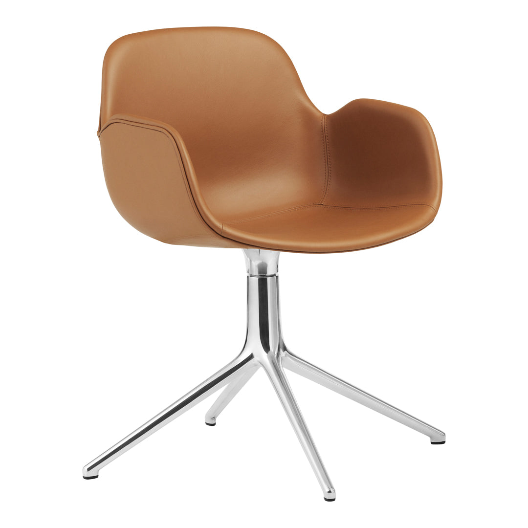 Brown faux leather chair with sleek, chrome base, featuring smooth curves and minimalist design.