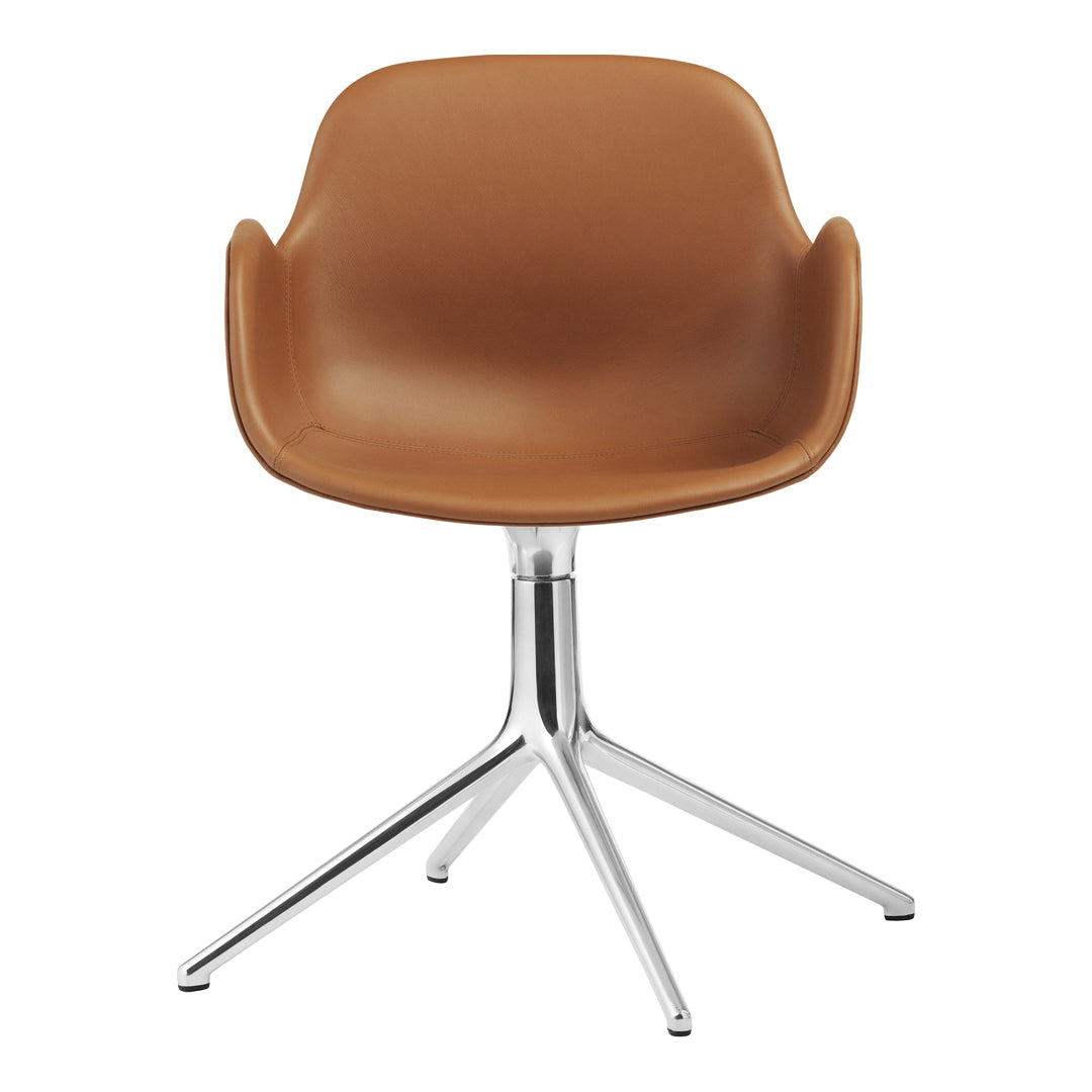 Brown faux leather chair with a sleek silver base, featuring a smooth, modern design. Perfect for contemporary spaces.