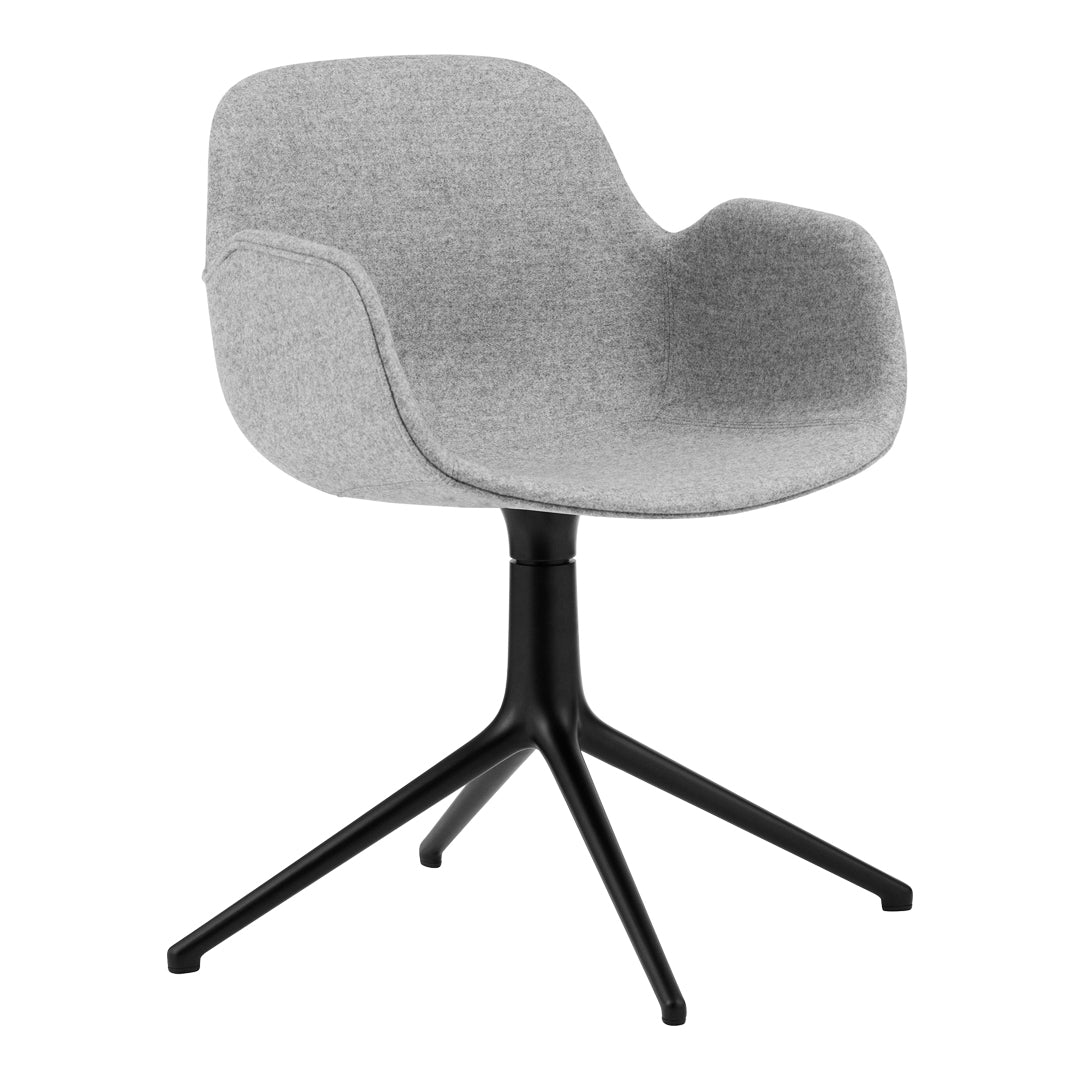 Stylish gray upholstered chair with smooth texture and sleek black base, perfect for modern interiors.