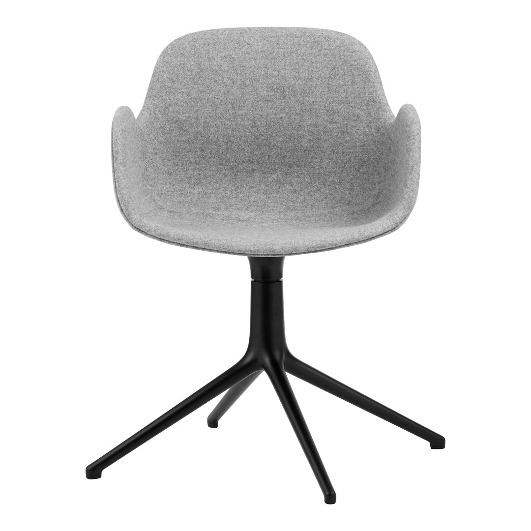 Gray upholstered chair with a sleek, minimalist design and a black four-legged base. Perfect for modern decor.