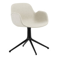 Cream-colored fabric chair with sleek black base and smooth, minimalist design. Ideal for modern interiors.
