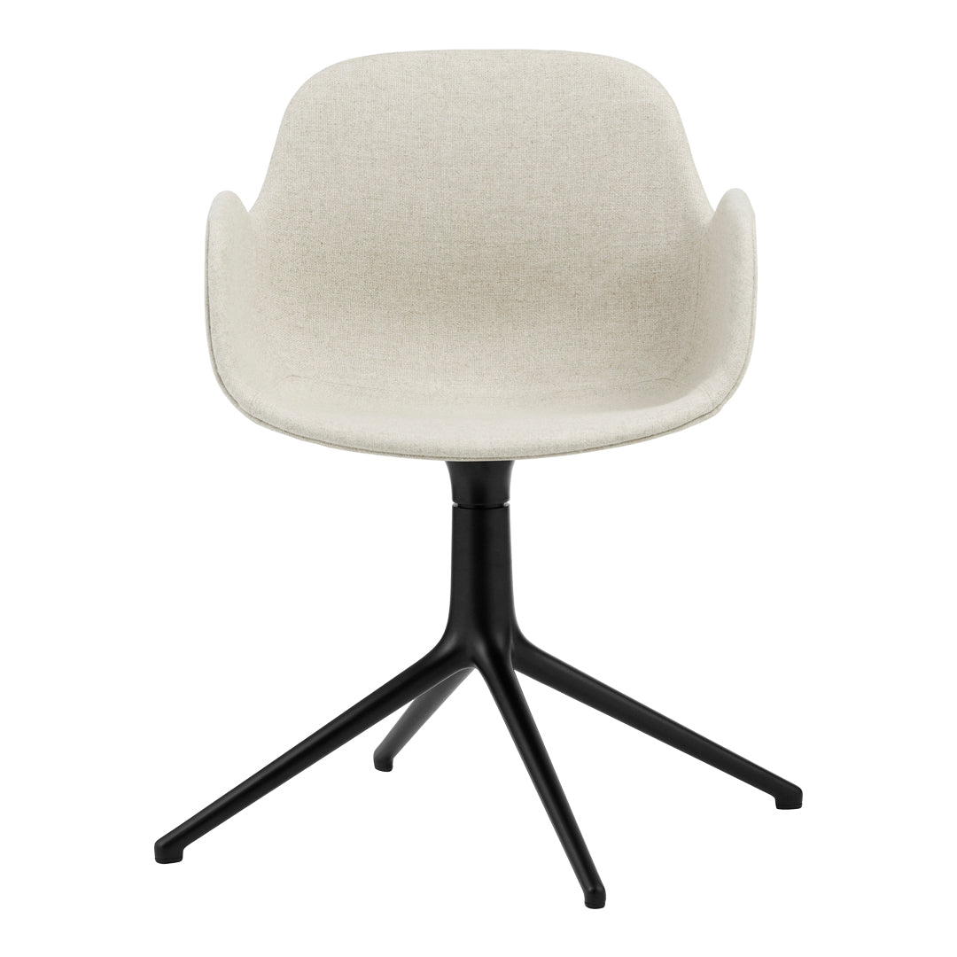 Light beige upholstered chair with a sleek black metal base. Modern design featuring smooth, minimalist curves.