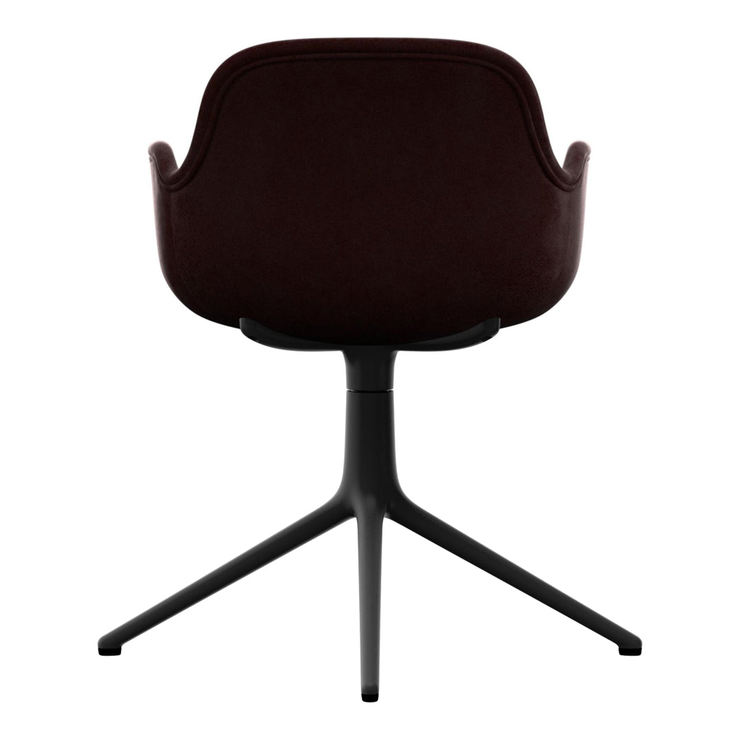 Back view of a burgundy upholstered chair with a sleek black metal base, featuring a modern, minimalist design.