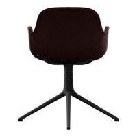 Back view of a burgundy upholstered chair with a sleek black metal base, featuring a modern, minimalist design.